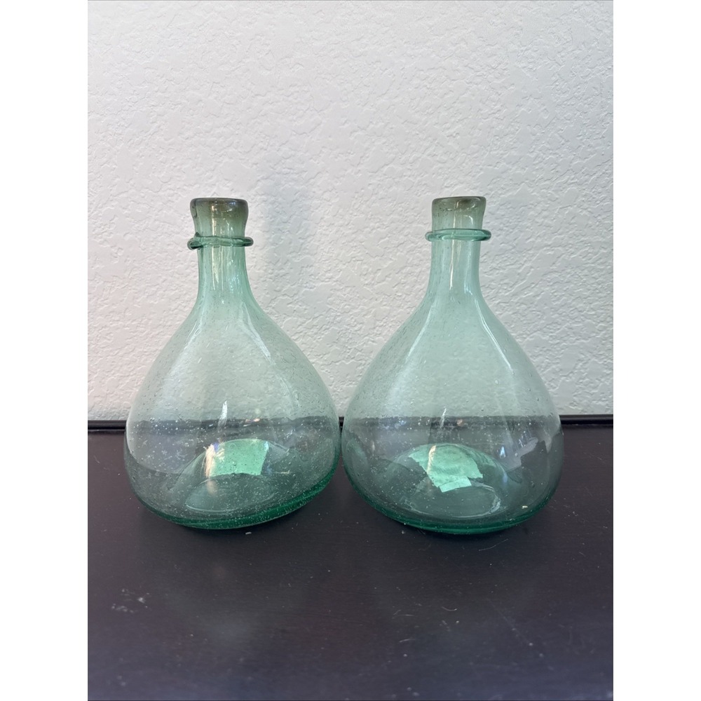 Pair Of Blown green Glass rounded Bottom bottle  Vase‎ Bubbled 5.5x7.5